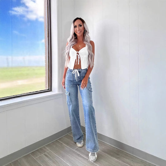Damen Cargo-Jeans mit weitem Bein und hohen Taschen R&B