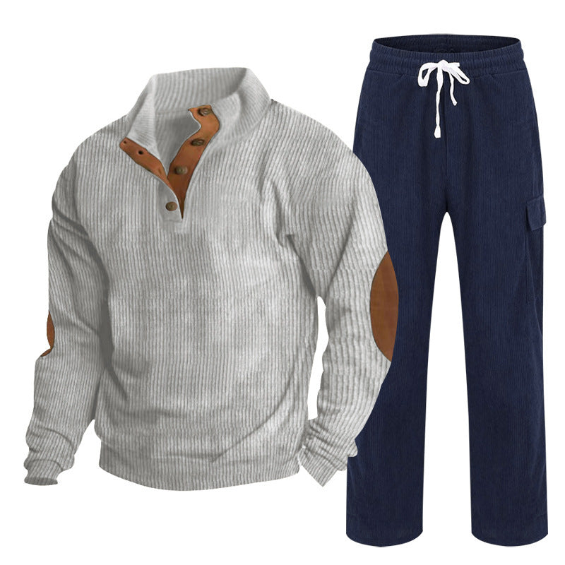 Herren nan Strick-Freizeitset mit Knopfleiste und Ellenbogenaufnähern sowie Cord-Cargohose R&B