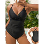 Damen eleganter Einteiler Badeanzug mit modischem Wickeldetail und schickem V-Ausschnitt R&B