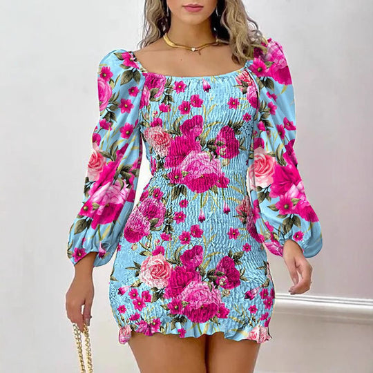 Damen Minikleid mit Puffärmeln und floralem Faltenmuster R&B