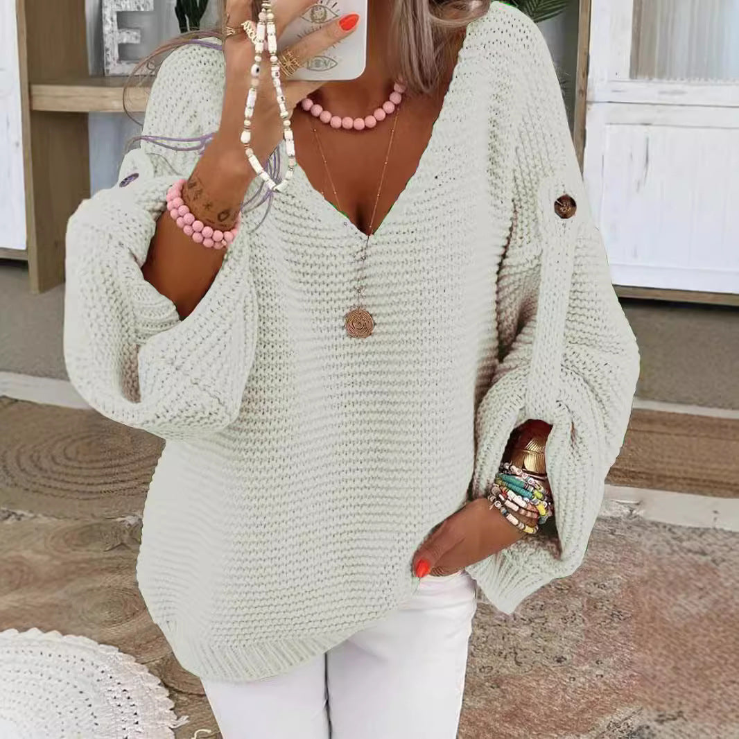 Damen V-Ausschnitt Strickpullover mit weitem Schnitt R&B