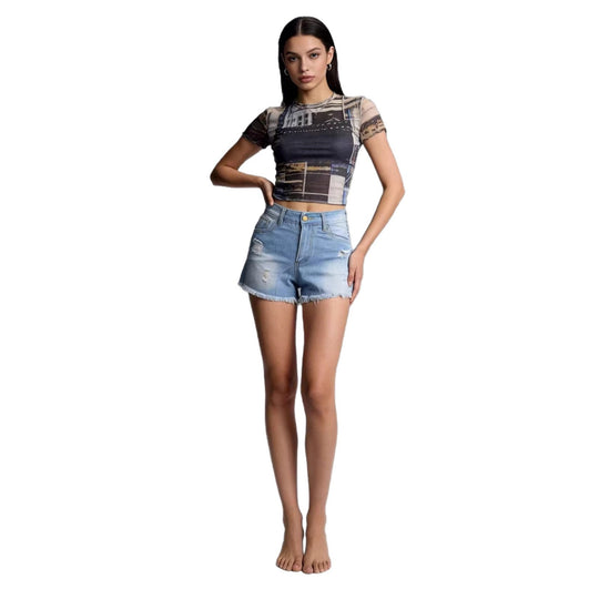 Damen Crop Top und High-Waist Jeans-Shorts R&B
