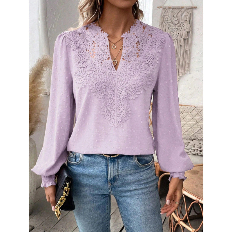Damen Bluse mit gesticktem V-Ausschnitt und langen Ärmeln R&B