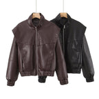 Damen elegante Kunstlederjacke mit hohem Kragen R&B