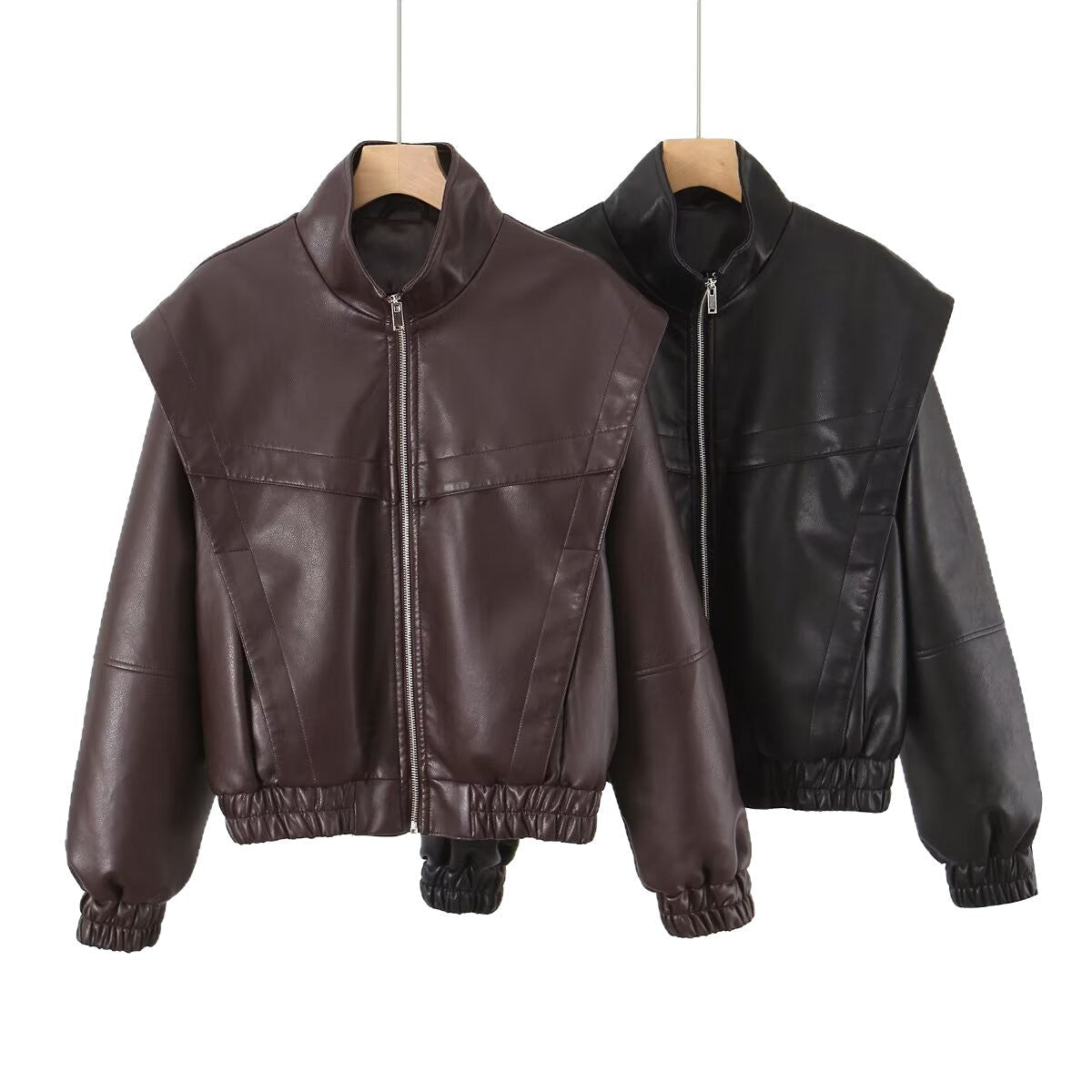 Damen elegante Kunstlederjacke mit hohem Kragen R&B