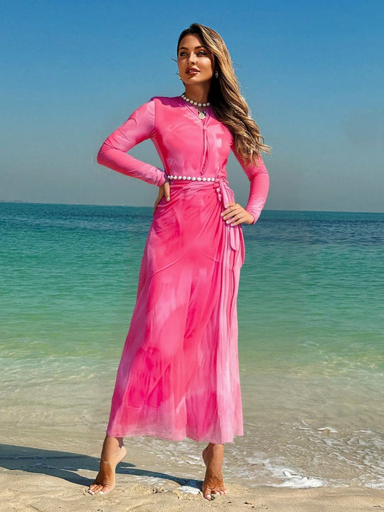 Damen Elegantes Strandkleid mit transparenten Ärmeln und drapiertem Design R&B