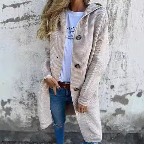 Damen kuschelige Strickjacke mit Kapuze und großen Taschen R&B