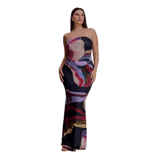 Damen Strapless Maxikleid mit fließendem Stoff und kunstvollem Druck R&B