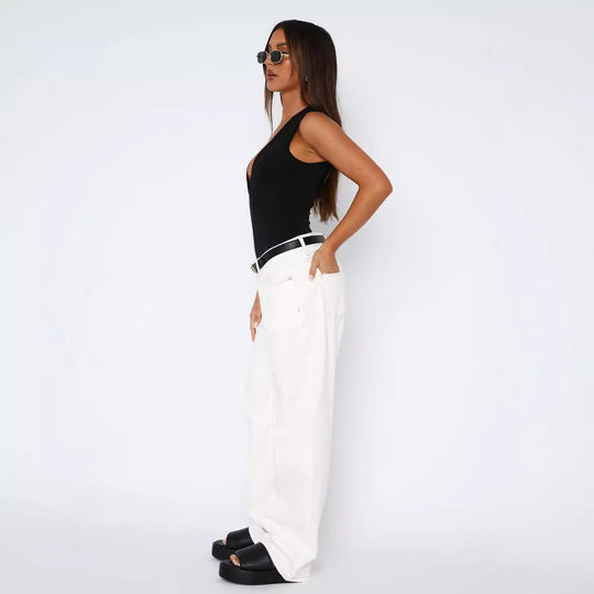 Damen lässige weite Jeans mit hohem Bund und modischem Schnitt R&B