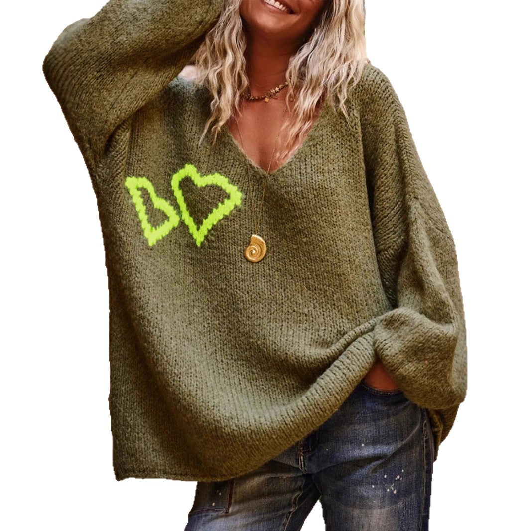 Damen lässiger Oversized-Pullover mit Herzapplikationen R&B