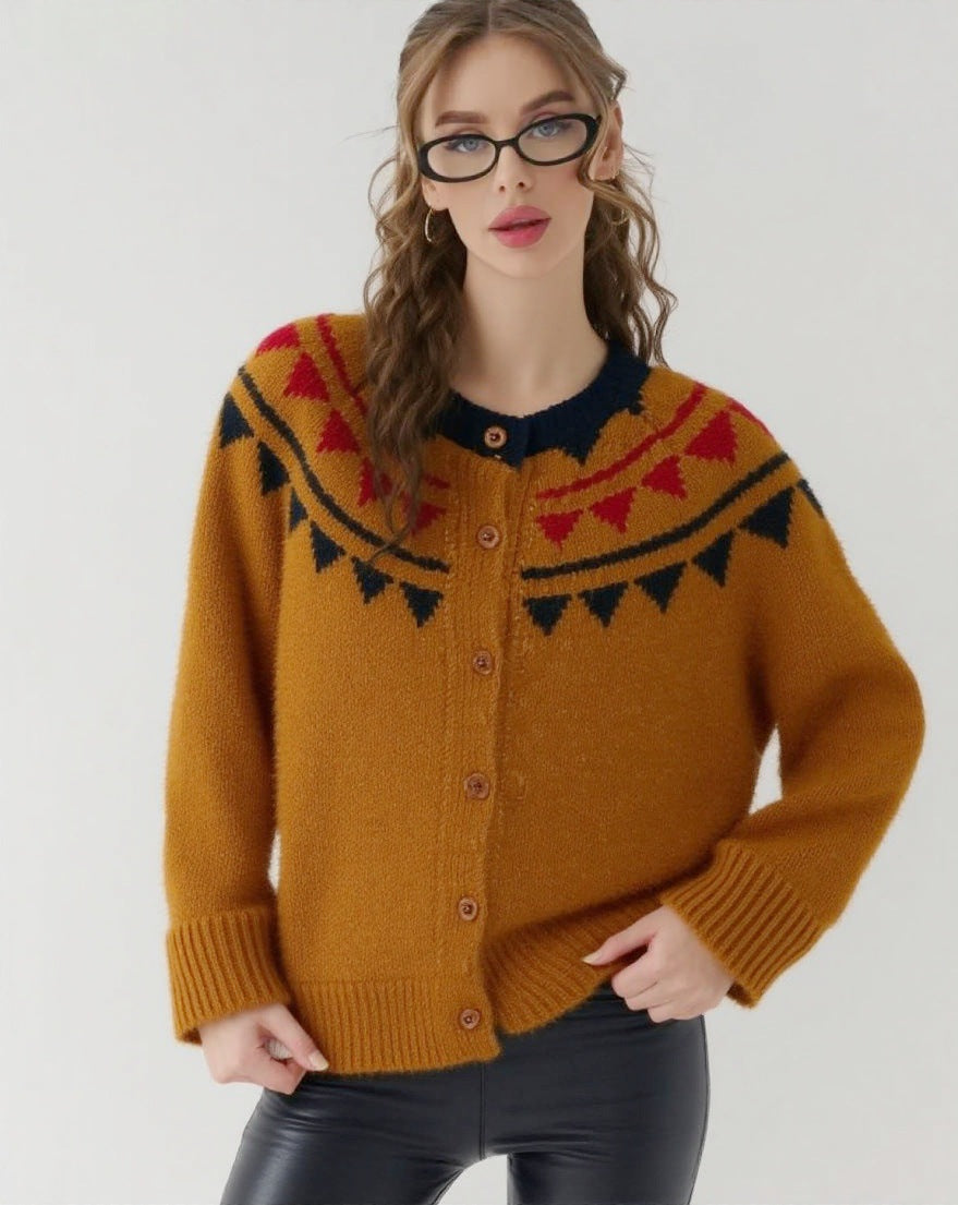Damen kuscheliger Strickcardigan mit grafischem Norweger-Muster und Holzknopfdetails R&B