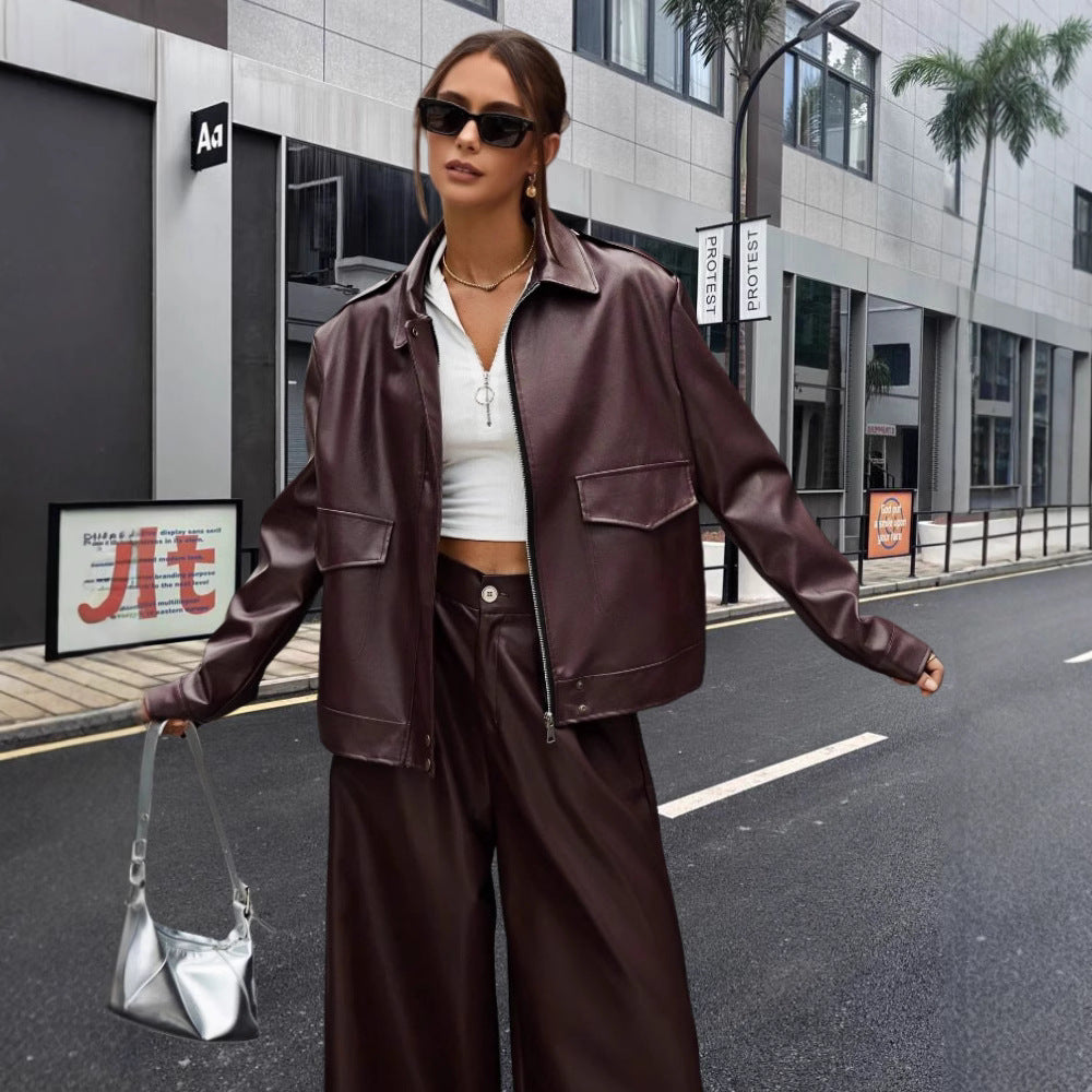 Damen modische Kunstlederjacke im Oversized-Stil R&B