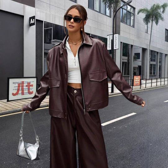 Damen modische Kunstlederjacke im Oversized-Stil R&B