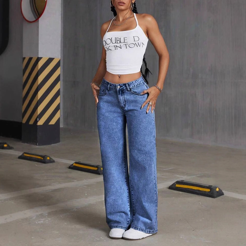 Damen Weit geschnittene Jeans mit kräftigen Kontrastnähten und verspielt gestickten Taschen R&B