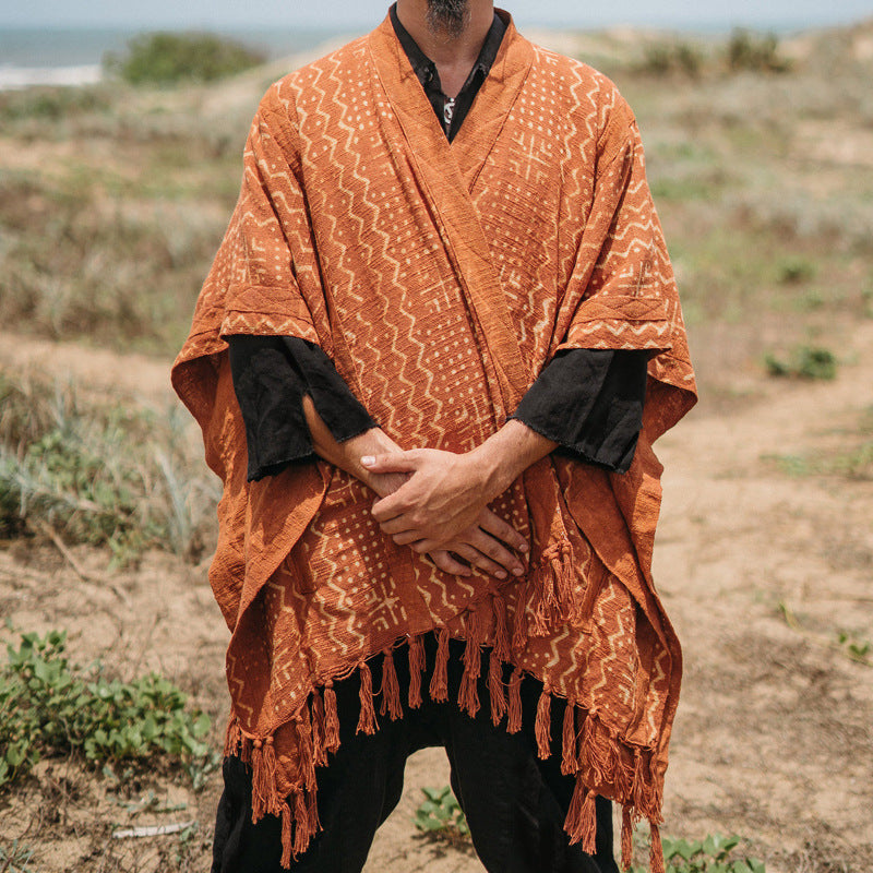 Herren lässiger Poncho mit einzigartigem Mustermix und Fransen