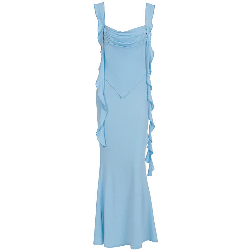 Damen Elegantes Maxi-Kleid mit asymmetrischen Rüschendetails und tiefem V-Ausschnitt R&B
