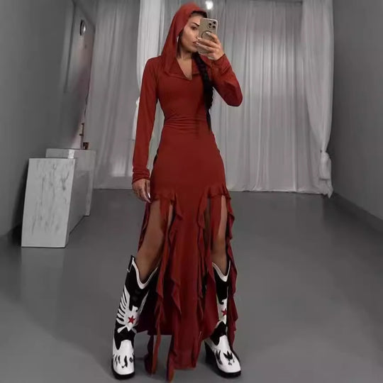 Damen Langarm Maxikleid mit Kapuze und Rüschendetails R&B