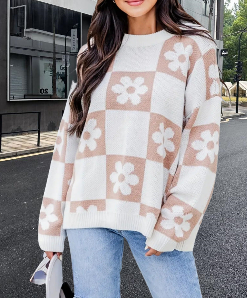 Damen Oversized Strickpullover mit floralem Muster und lässigem Schnitt R&B