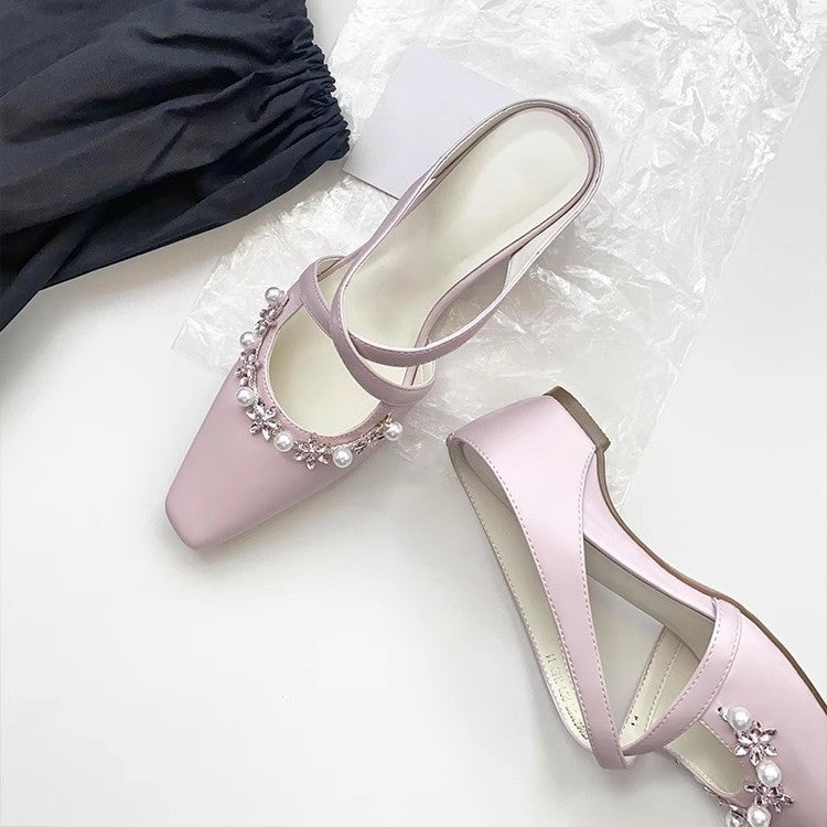 Damen Sling-Heels mit elegantem Perlen- und Blumen-Design