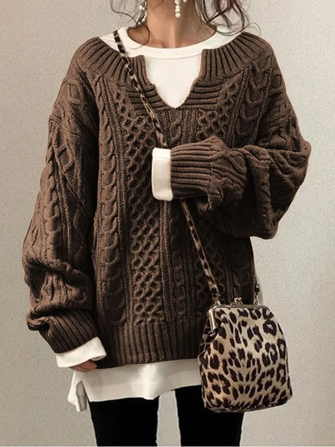 Damen Grobstrickpullover mit V-Ausschnitt und modischem Zopfdesign R&B