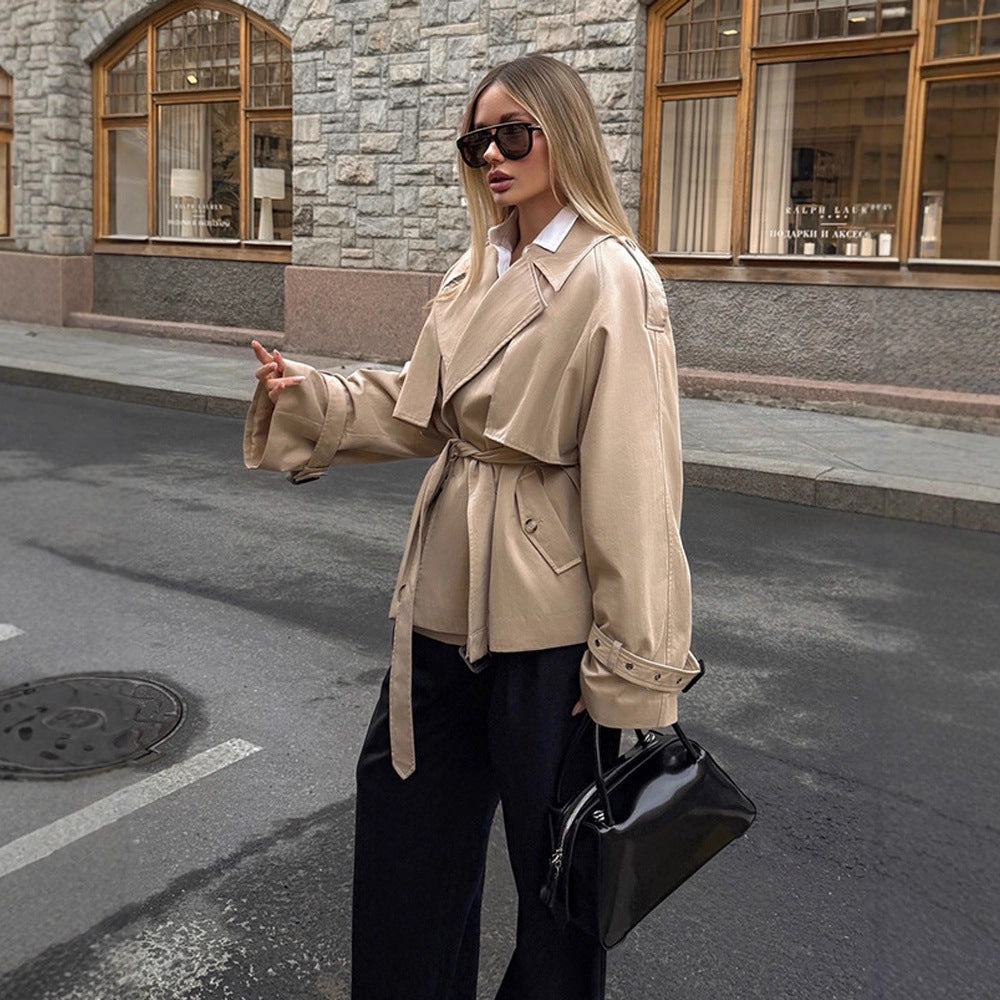 Damen elegante Übergangsjacke mit weich fließendem Schnitt und Taillengürtel R&B