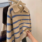 Damen Strickpullover mit V-Ausschnitt und strukturiertem Streifenmuster R&B