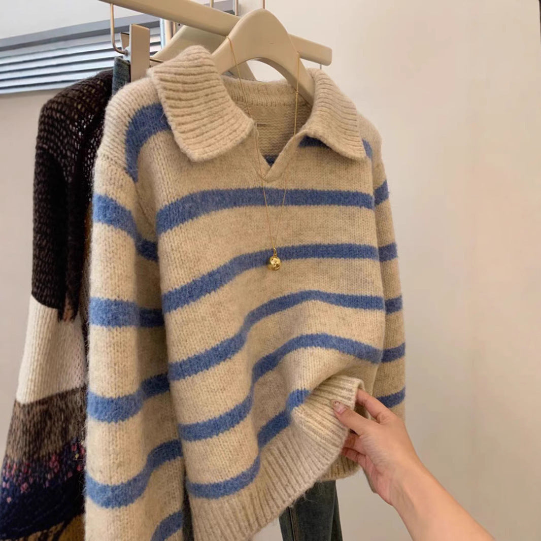 Damen Strickpullover mit V-Ausschnitt und strukturiertem Streifenmuster R&B