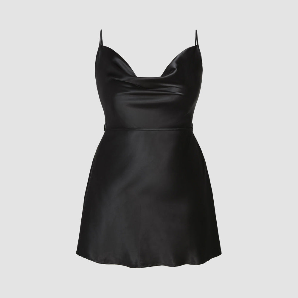 Damen elegantes Satin-Kleid mit verstellbaren Trägern und Taillenband R&B