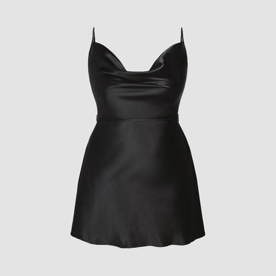 Damen elegantes Satin-Kleid mit verstellbaren Trägern und Taillenband R&B