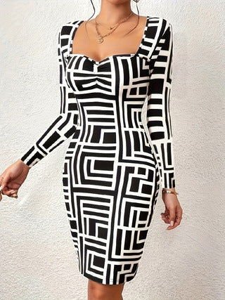 Damen Figurbetontes Langarmkleid mit geometrischem Muster und kreativem Ausschnitt R&B