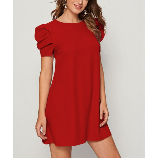 Damen lässiges Kurzarmkleid mit voluminösen Puffärmeln und lockerem Schnitt R&B