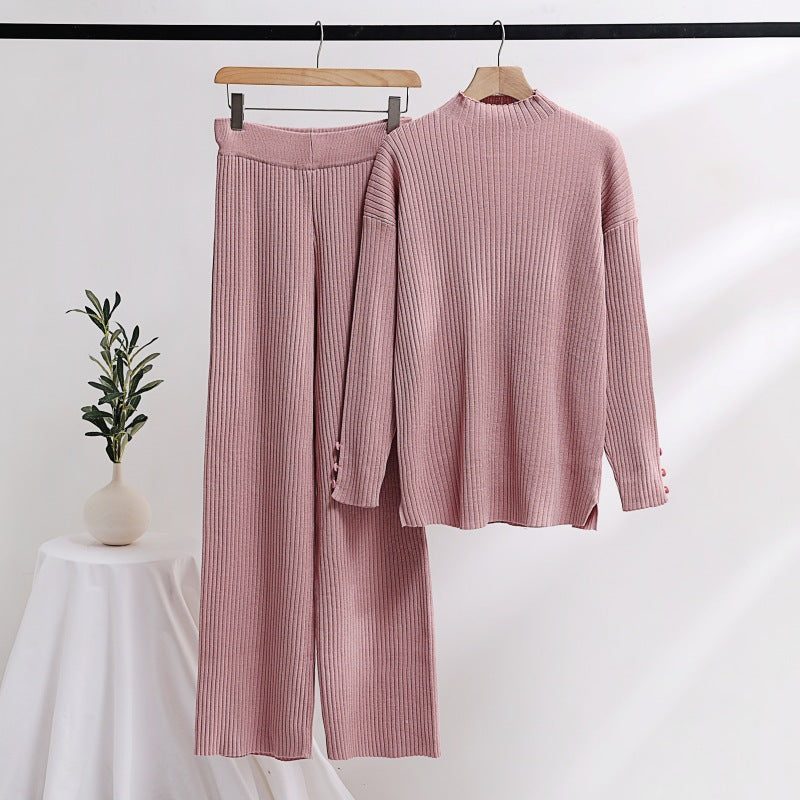Damen lässiger Strickanzug mit Stehkragen und Knopfdetails R&B