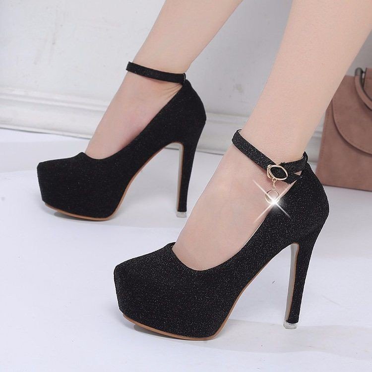 Damen Glitzernde Plateau-Pumps mit Feinem Riemchen und Elegantem Schmuckdetail R&B