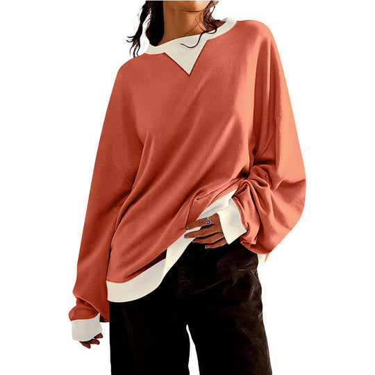 Damen lässiges Sweatshirt mit V-Ausschnitt und Kontrastbündchen R&B