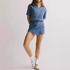 Damen lässiges Denim-Kurzjacken-Set mit passendem Rock
