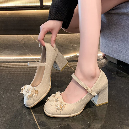 Damen elegante Mary Jane Pumps mit Blumendetails R&B