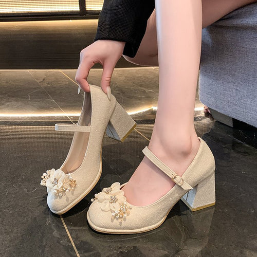 Damen elegante Mary Jane Pumps mit Blumendetails R&B