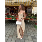 Damen elegantes Maxikleid mit tiefem V-Ausschnitt und seitlichem Schlitz R&B