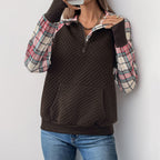 Damen lässiger Fleece-Pullover mit Karomuster und praktischen Kängurutaschen