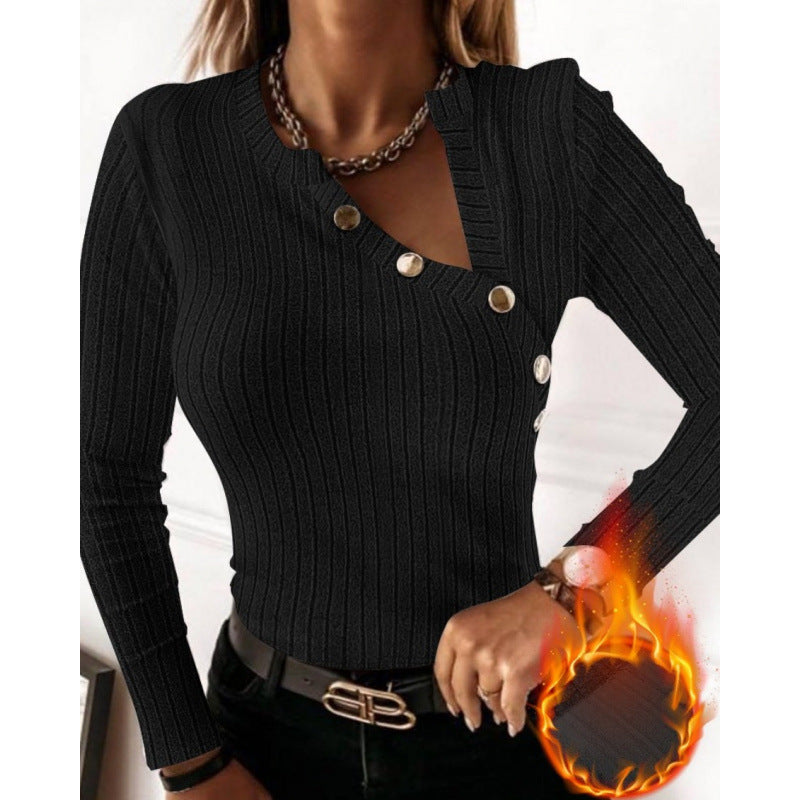 Damen Langarmshirt mit modischem Knopfdetail und Rippstruktur R&B
