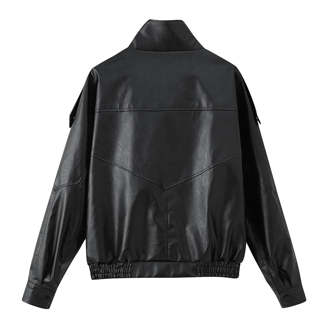 Damen Kunstlederjacke mit modischem Stehkragen und praktischen Taschen R&B