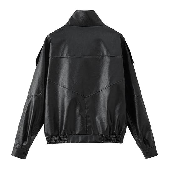 Damen Kunstlederjacke mit modischem Stehkragen und praktischen Taschen R&B