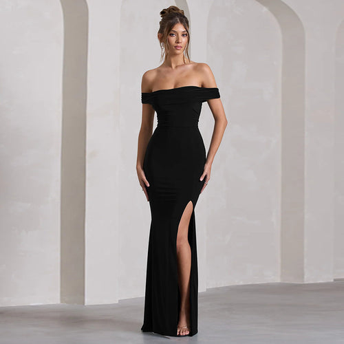 Damen Maxi-Kleid mit schulterfreiem Design und elegantem Schlitz R&B