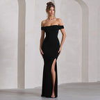 Damen Maxi-Kleid mit schulterfreiem Design und elegantem Schlitz R&B
