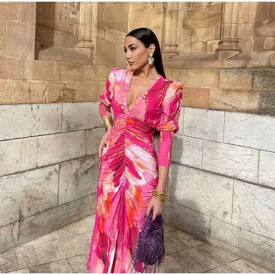 Damen Wickelkleid mit voluminösen Ärmeln und elegantem Design R&B