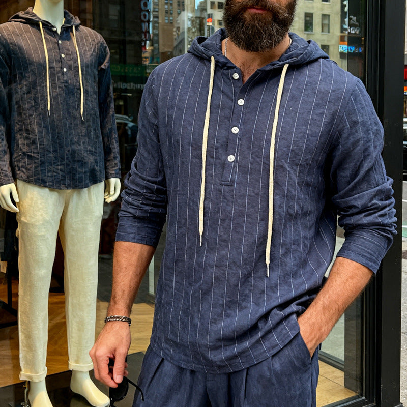 Herren nan Kapuzenshirt aus Leinenmix mit halber Knopfleiste und Nadelstreifen R&B