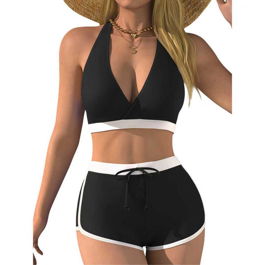 Damen Bikini-Oberteil mit tiefem V-Ausschnitt und knöchellanger Shorts R&B