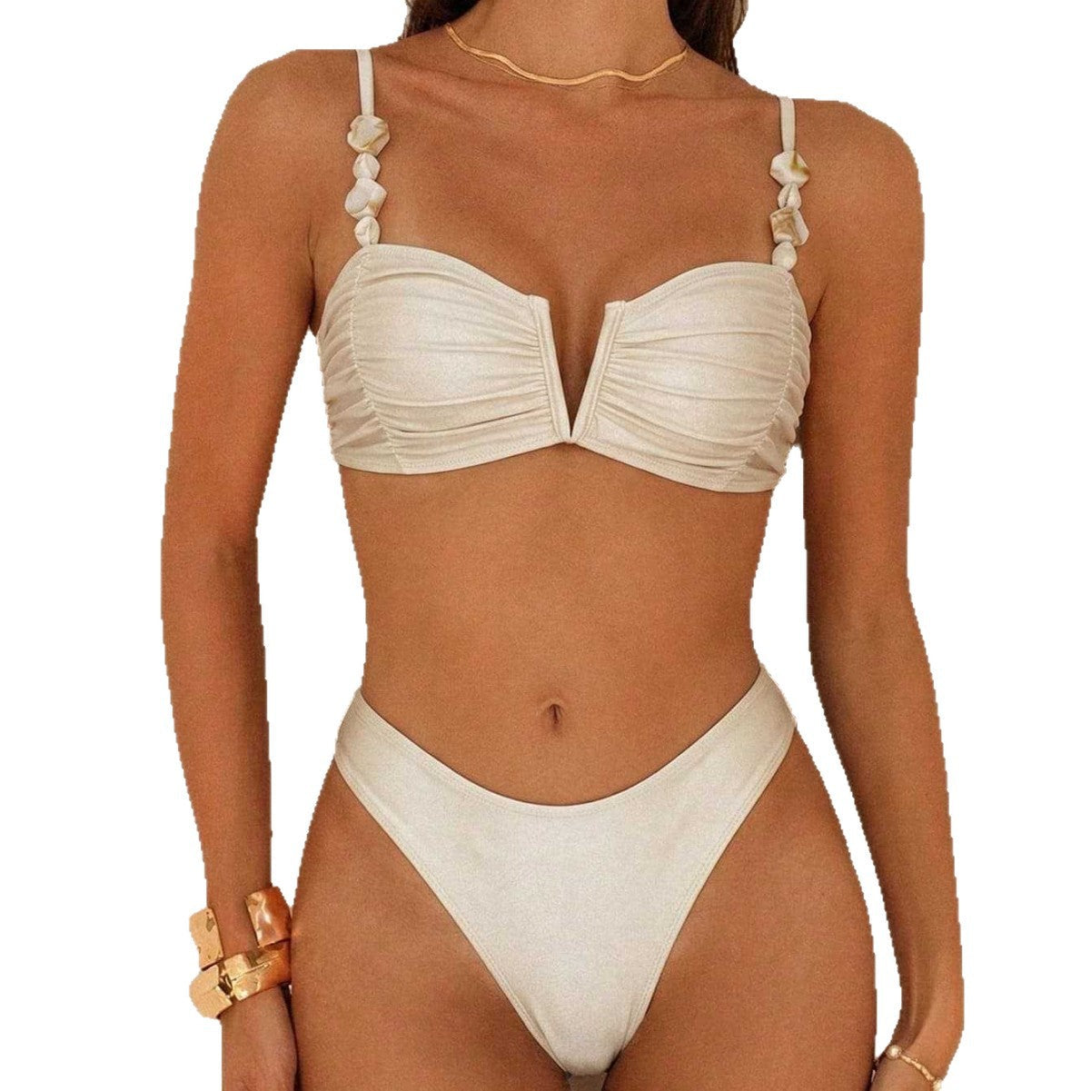 Damen Bikini mit Raffungen und dekorativen Trägern R&B