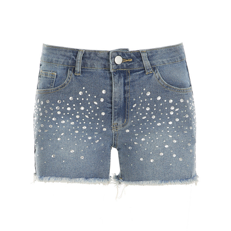 Damen Designer-Shorts mit funkelnden Strass-Steinen und fransigem Saum R&B