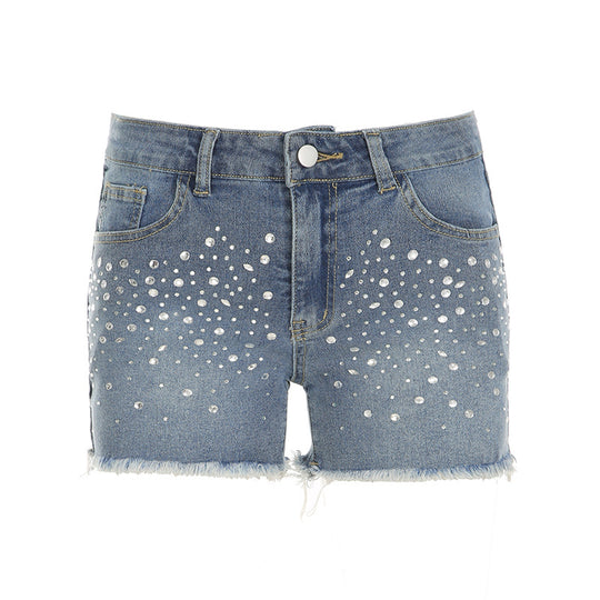 Damen Jeansshorts mit glitzernden Applikationen und fransigem Saum R&B